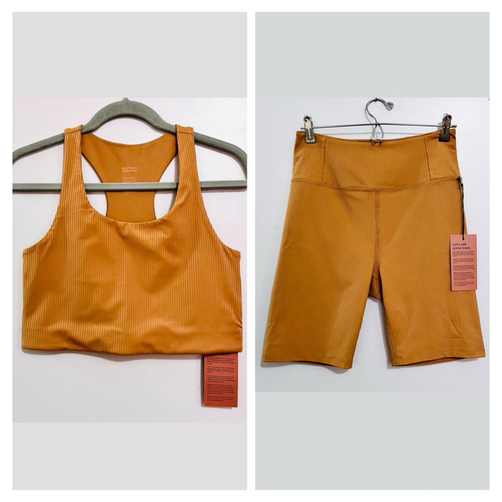 NWT Girlfriend Collective Rib Paloma Bra & Rib Bike Shorts Set in Toffee Brown - Picture 2 of 16